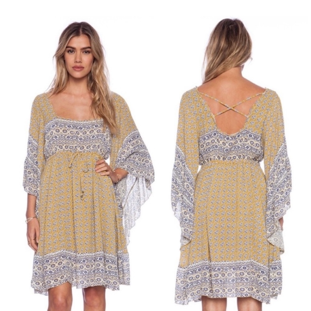 Free People Heart of Gold Shapeless Dress Size XS Mini Yellow Blue Bell Sleeve.